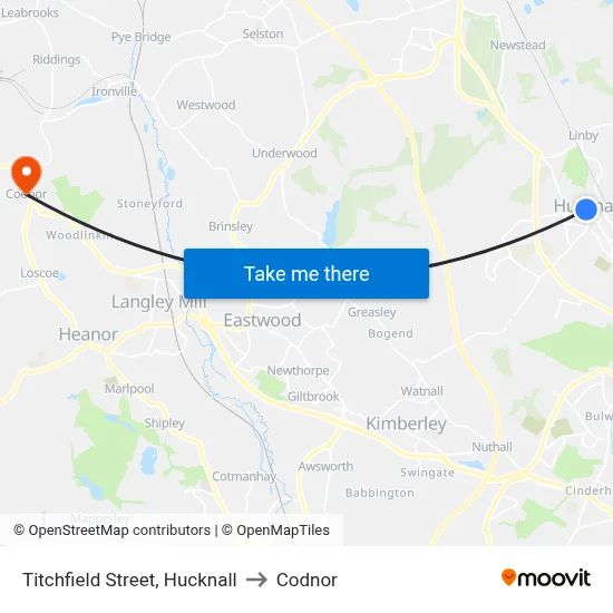 Titchfield Street, Hucknall to Codnor map