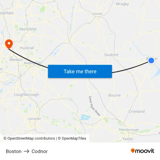 Boston to Codnor map