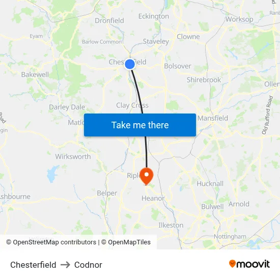 Chesterfield to Codnor map