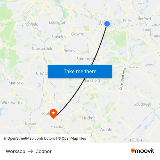 Worksop to Codnor map