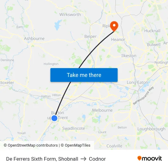 De Ferrers Sixth Form, Shobnall to Codnor map