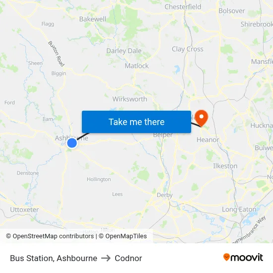 Bus Station, Ashbourne to Codnor map