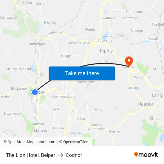 The Lion Hotel, Belper to Codnor map