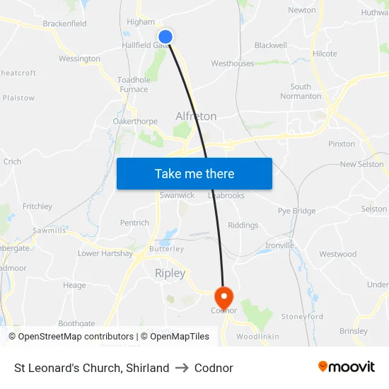 St Leonard's Church, Shirland to Codnor map