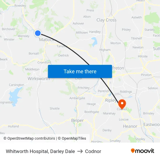 Whitworth Hospital, Darley Dale to Codnor map