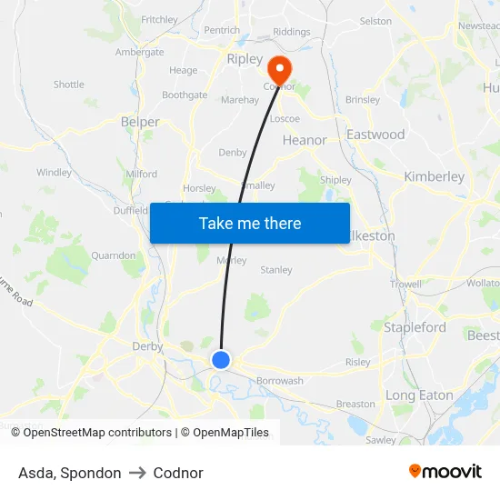 Asda, Spondon to Codnor map