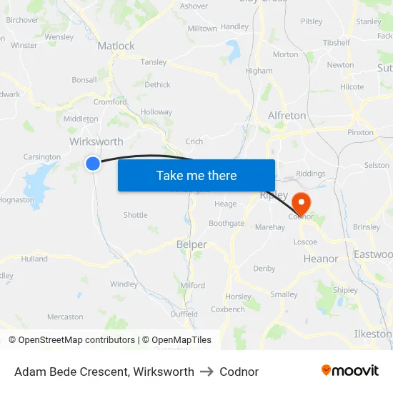 Adam Bede Crescent, Wirksworth to Codnor map