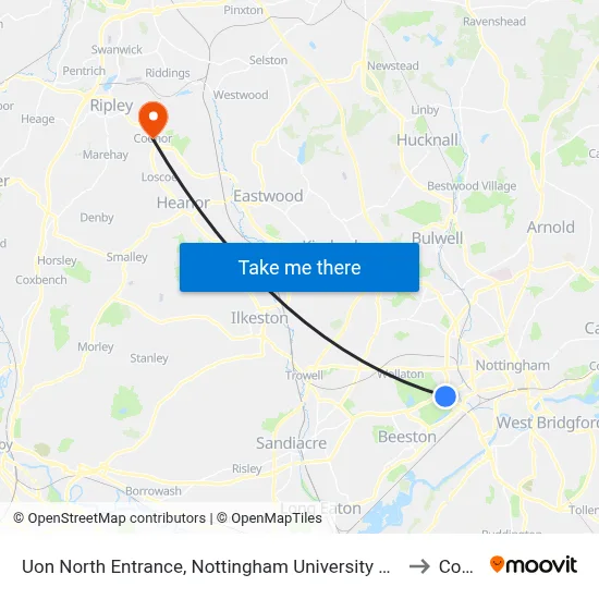 Uon North Entrance, Nottingham University Main Campus (Un14) to Codnor map
