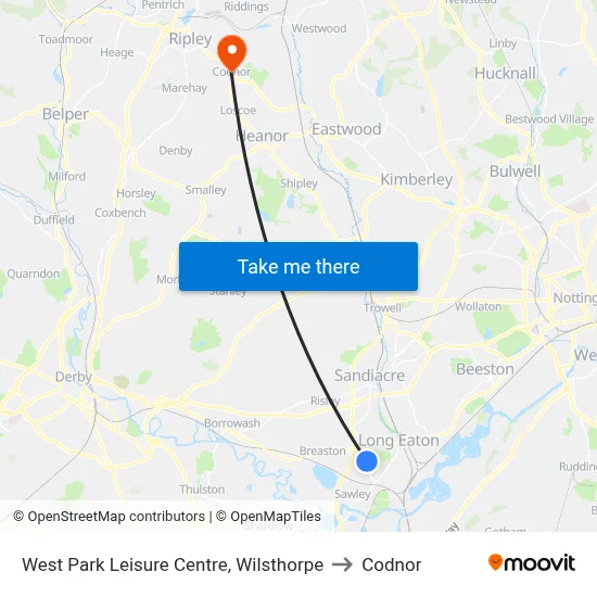 West Park Leisure Centre, Wilsthorpe to Codnor map
