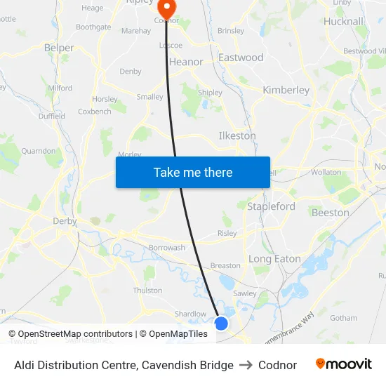 Aldi Distribution Centre, Cavendish Bridge to Codnor map