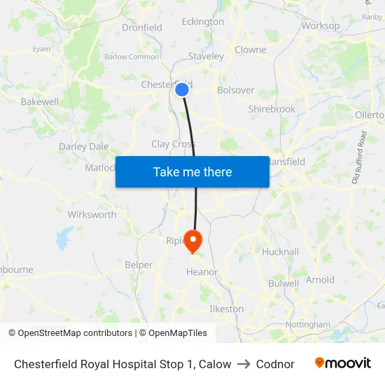 Chesterfield Royal Hospital Stop 1, Calow to Codnor map