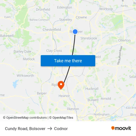 Cundy Road, Bolsover to Codnor map