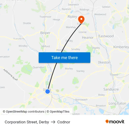Corporation Street, Derby to Codnor map
