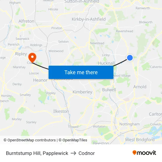 Burntstump Hill, Papplewick to Codnor map