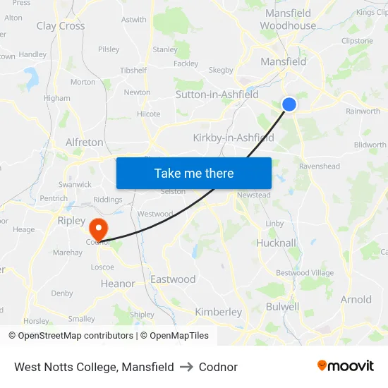 West Notts College, Mansfield to Codnor map