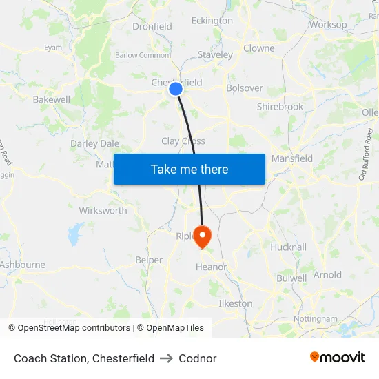 Coach Station, Chesterfield to Codnor map