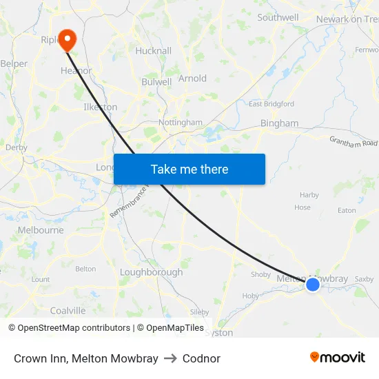 Crown Inn, Melton Mowbray to Codnor map