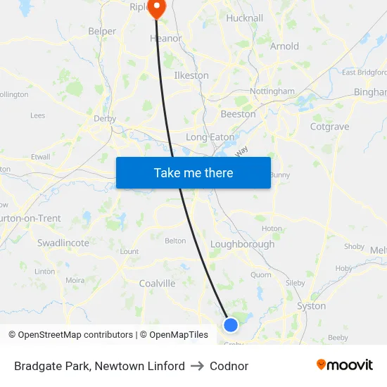 Bradgate Park, Newtown Linford to Codnor map
