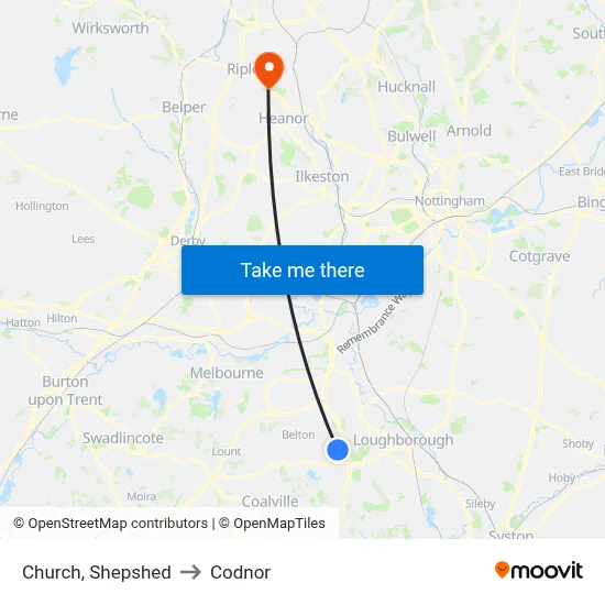 Church, Shepshed to Codnor map