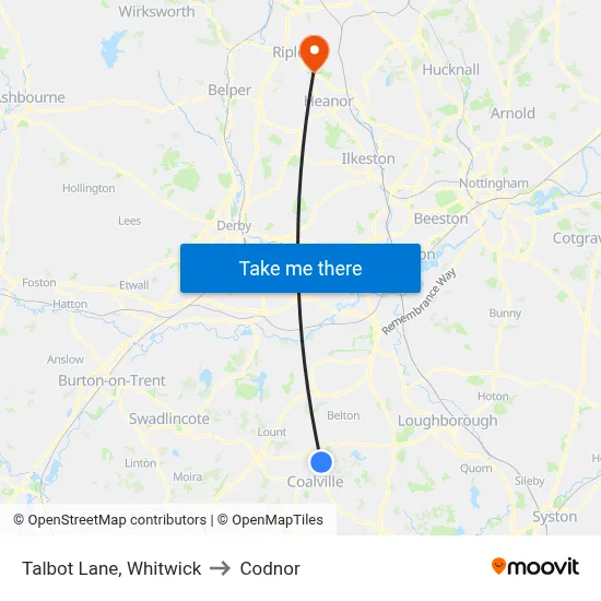 Talbot Lane, Whitwick to Codnor map