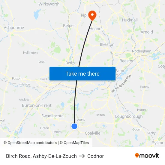 Birch Road, Ashby-De-La-Zouch to Codnor map