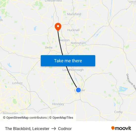 The Blackbird, Leicester to Codnor map