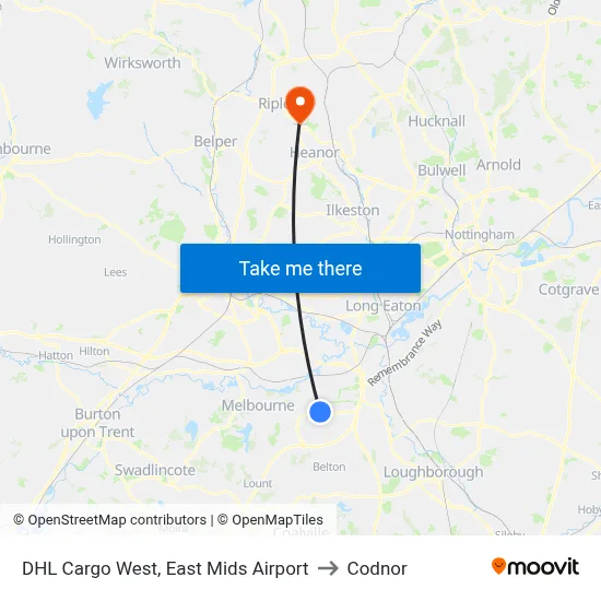 DHL Cargo West, East Mids Airport to Codnor map