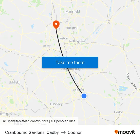 Cranbourne Gardens, Oadby to Codnor map