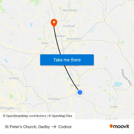 St Peter's Church, Oadby to Codnor map