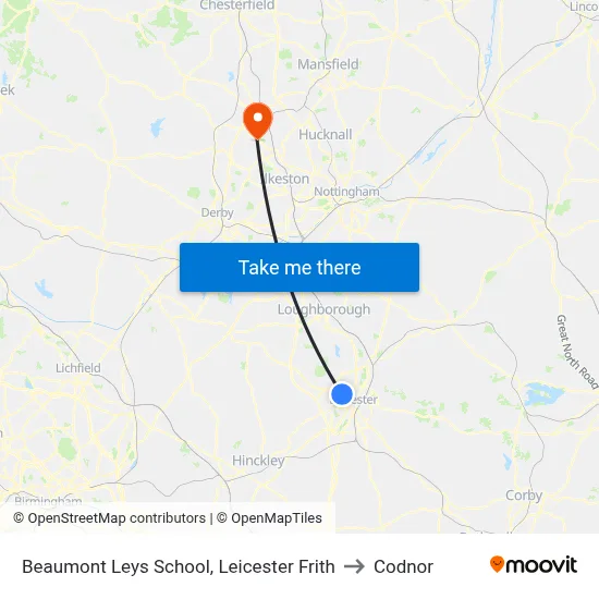 Beaumont Leys School, Leicester Frith to Codnor map