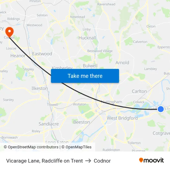 Vicarage Lane, Radcliffe on Trent to Codnor map