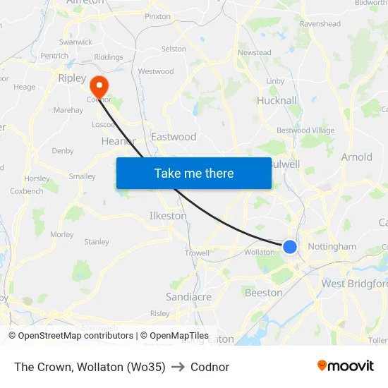 The Crown, Wollaton (Wo35) to Codnor map