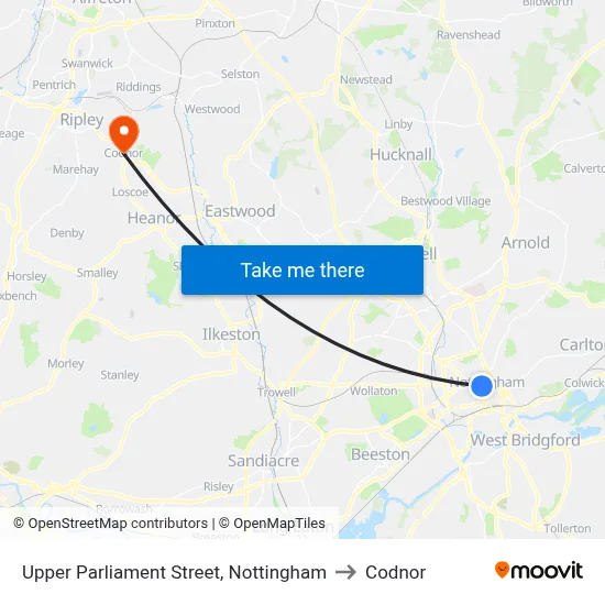 Upper Parliament Street, Nottingham to Codnor map