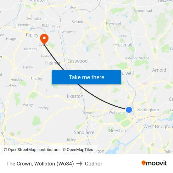 The Crown, Wollaton (Wo34) to Codnor map