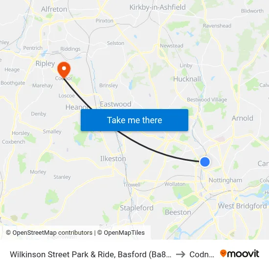 Wilkinson Street Park & Ride, Basford (Ba84) to Codnor map