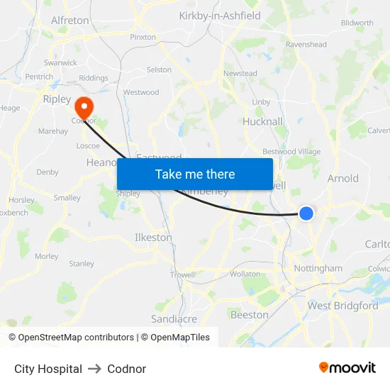 City Hospital to Codnor map