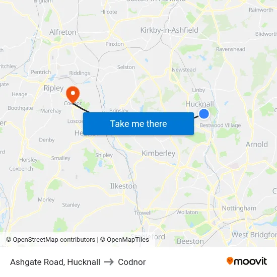 Ashgate Road, Hucknall to Codnor map