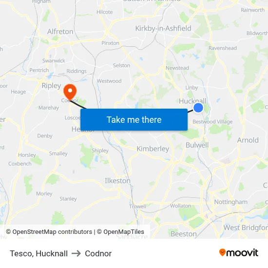 Tesco, Hucknall to Codnor map
