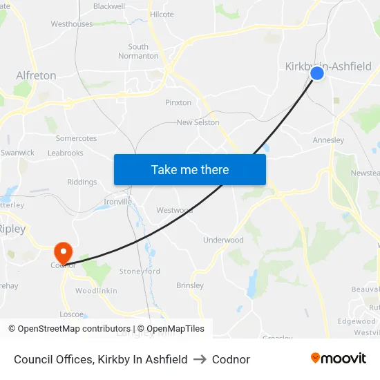 Council Offices, Kirkby In Ashfield to Codnor map