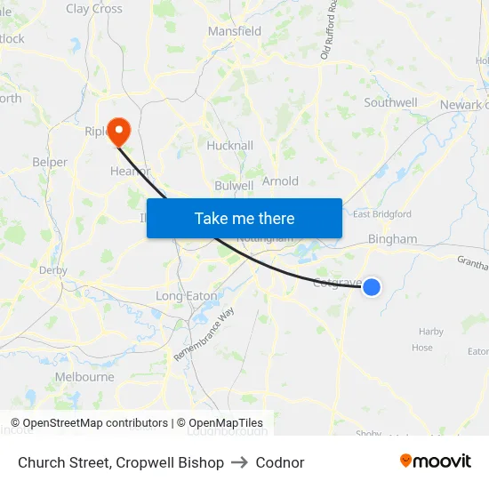 Church Street, Cropwell Bishop to Codnor map