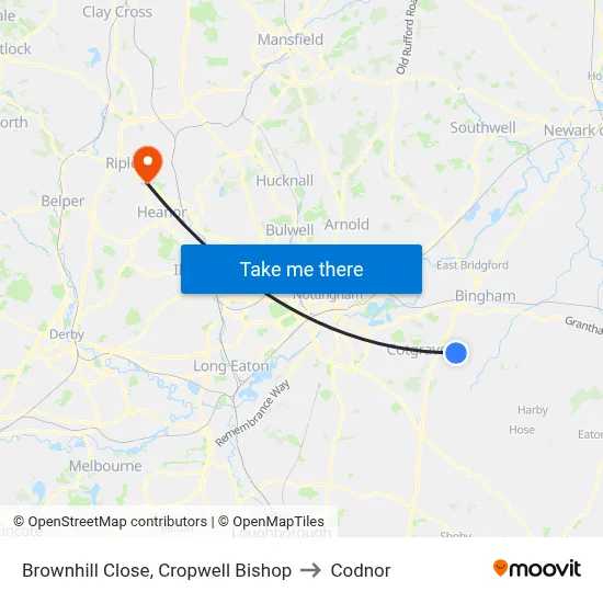 Brownhill Close, Cropwell Bishop to Codnor map