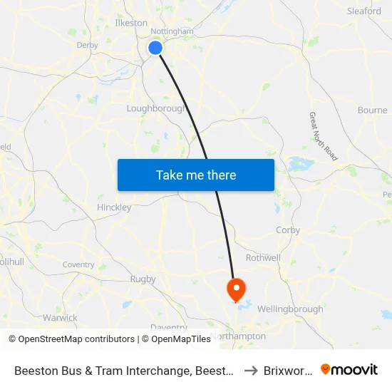 Beeston Bus & Tram Interchange, Beeston to Brixworth map