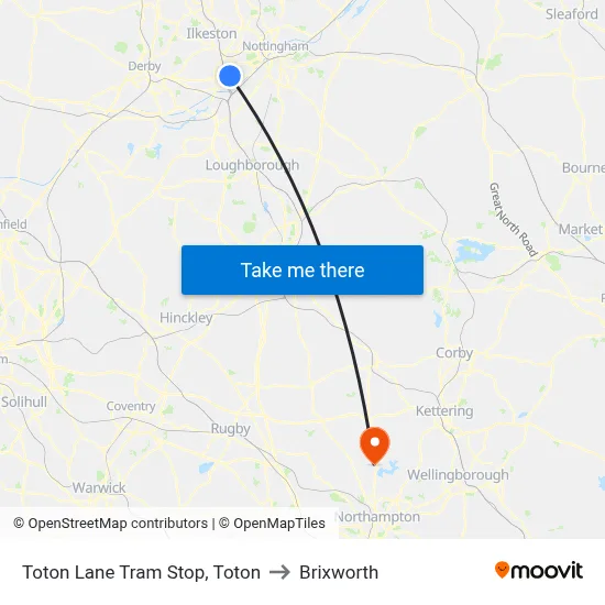 Toton Lane Tram Stop, Toton to Brixworth map