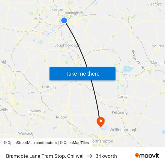 Bramcote Lane Tram Stop, Chilwell to Brixworth map
