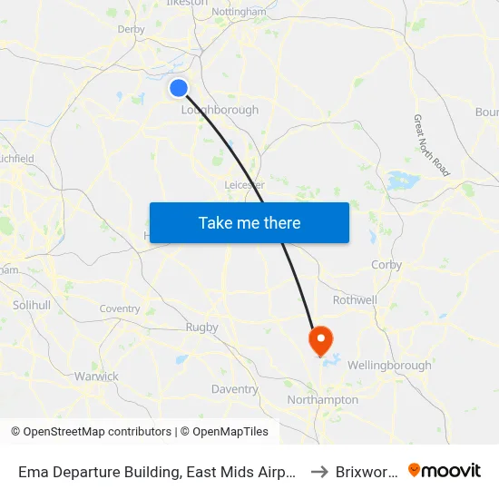 Ema Departure Building, East Mids Airport to Brixworth map