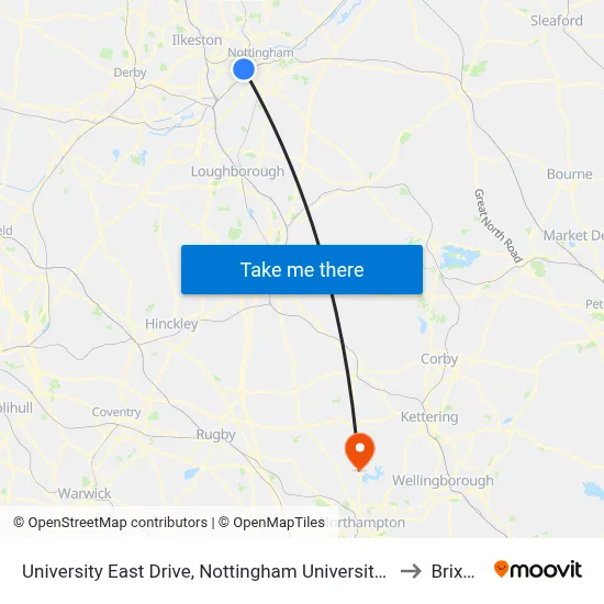 University East Drive, Nottingham University Main Campus (Un41) to Brixworth map