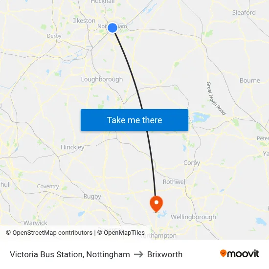 Victoria Bus Station, Nottingham to Brixworth map