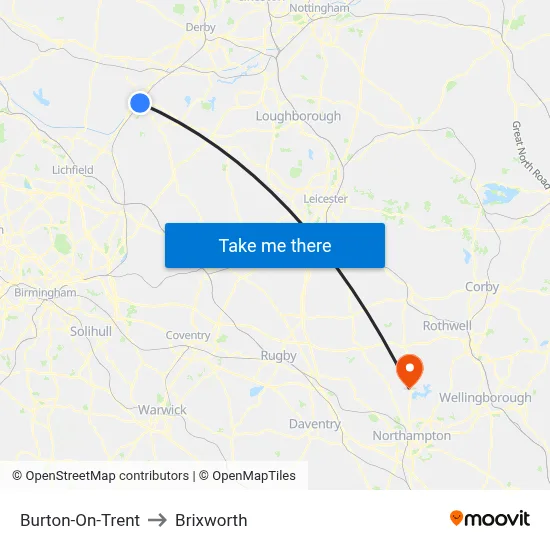 Burton-On-Trent to Brixworth map
