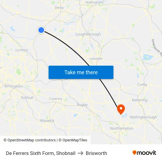 De Ferrers Sixth Form, Shobnall to Brixworth map