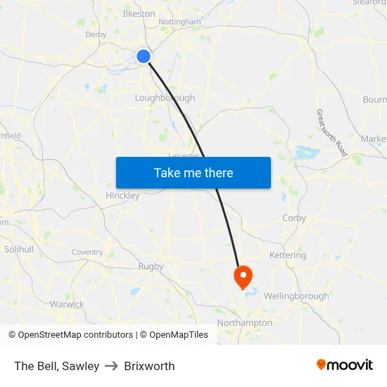 The Bell, Sawley to Brixworth map